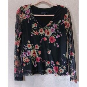 Supply & Demand Blouse Medium V Neck Mesh Material Floral Black